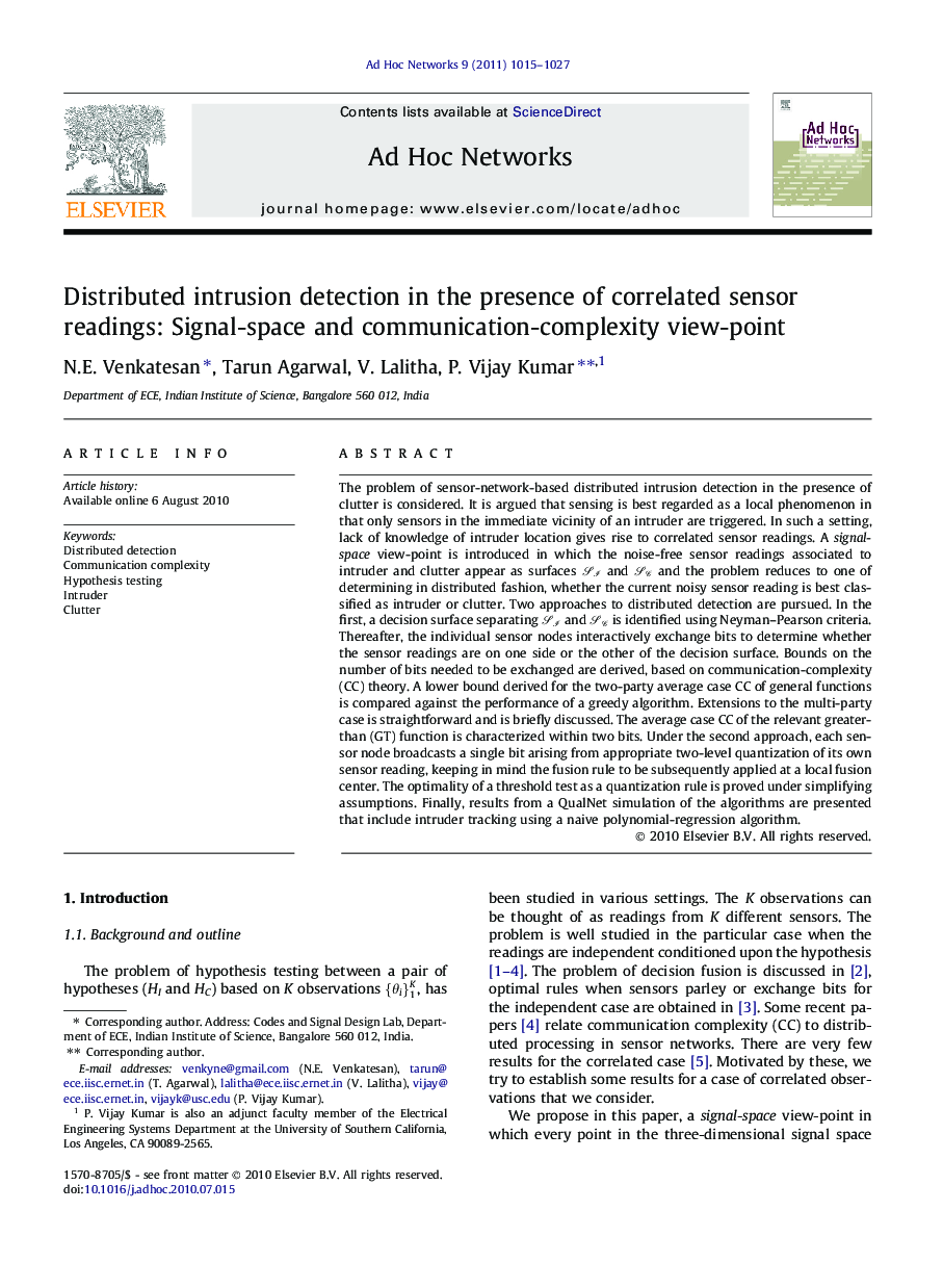 Distributed intrusion detection in the presence of correlated sensor readings: Signal-space and communication-complexity view-point