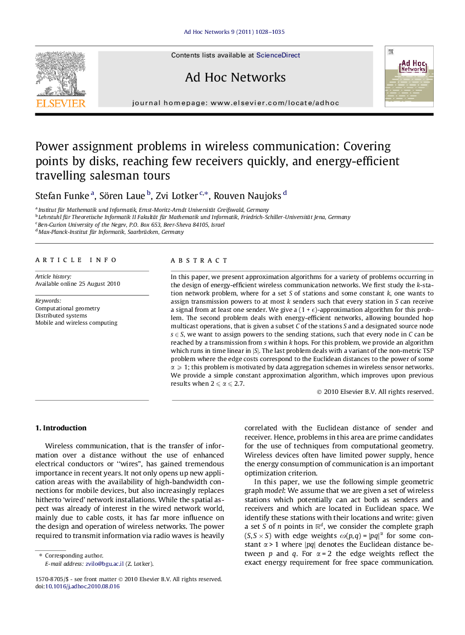 Power assignment problems in wireless communication: Covering points by disks, reaching few receivers quickly, and energy-efficient travelling salesman tours