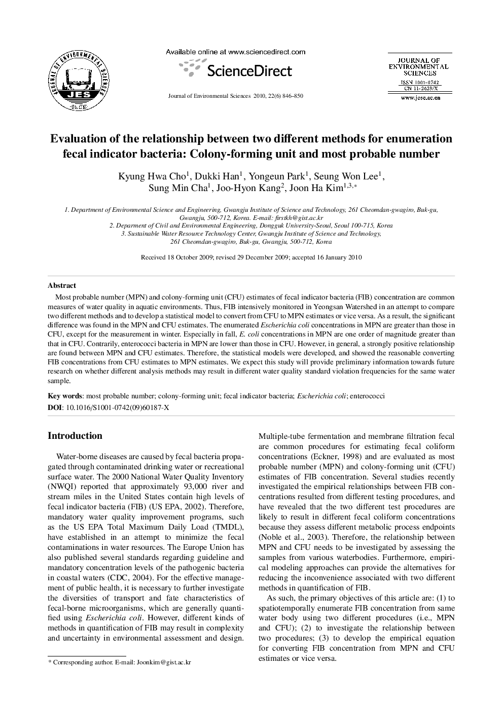 Evaluation of the relationship between two different methods for enumeration fecal indicator bacteria: Colony-forming unit and most probable number