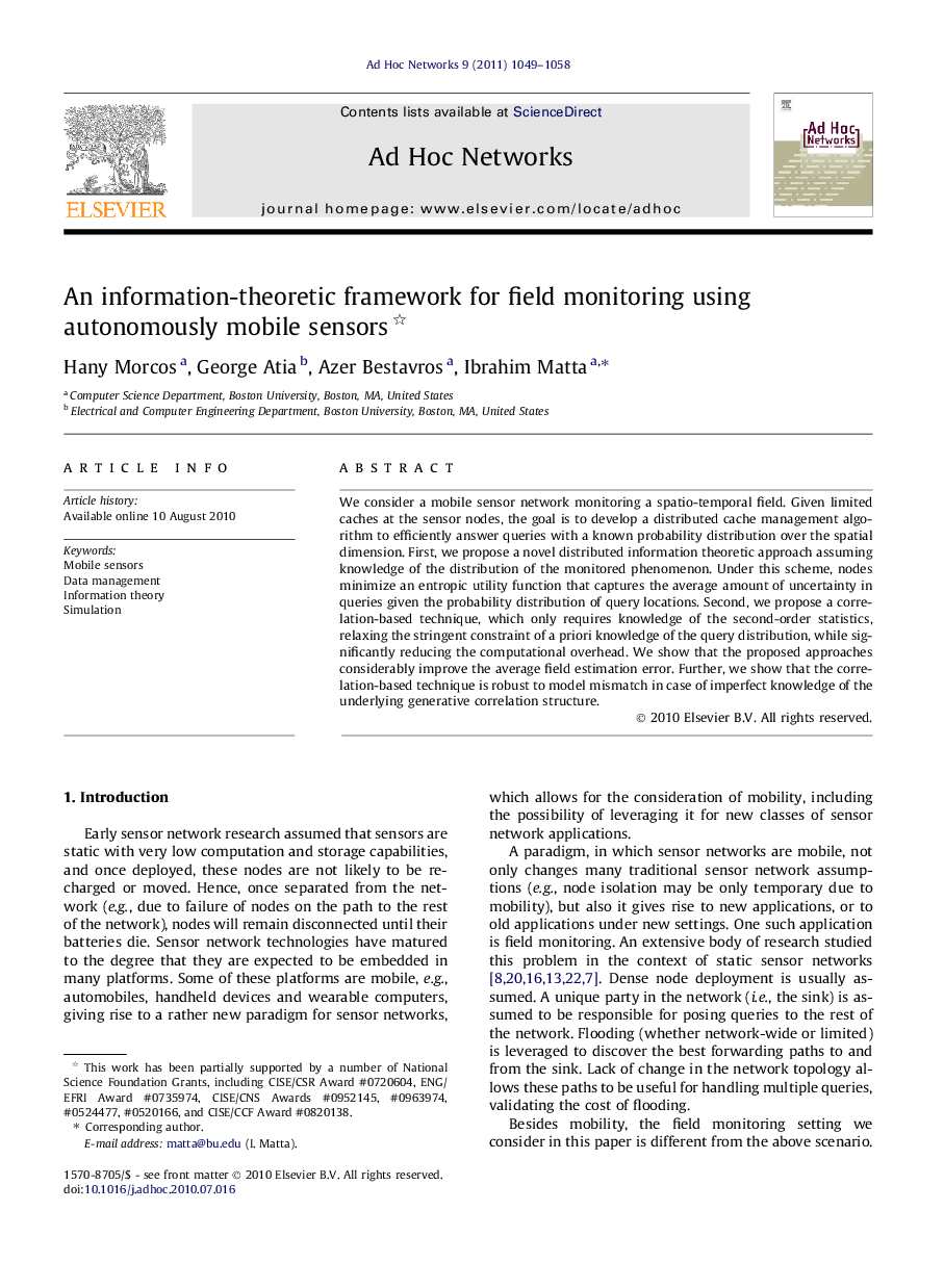 An information-theoretic framework for field monitoring using autonomously mobile sensors 