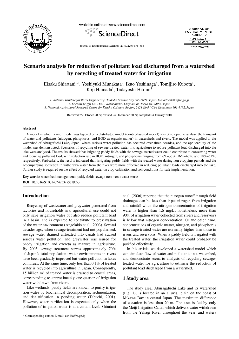 Scenario analysis for reduction of pollutant load discharged from a watershed by recycling of treated water for irrigation