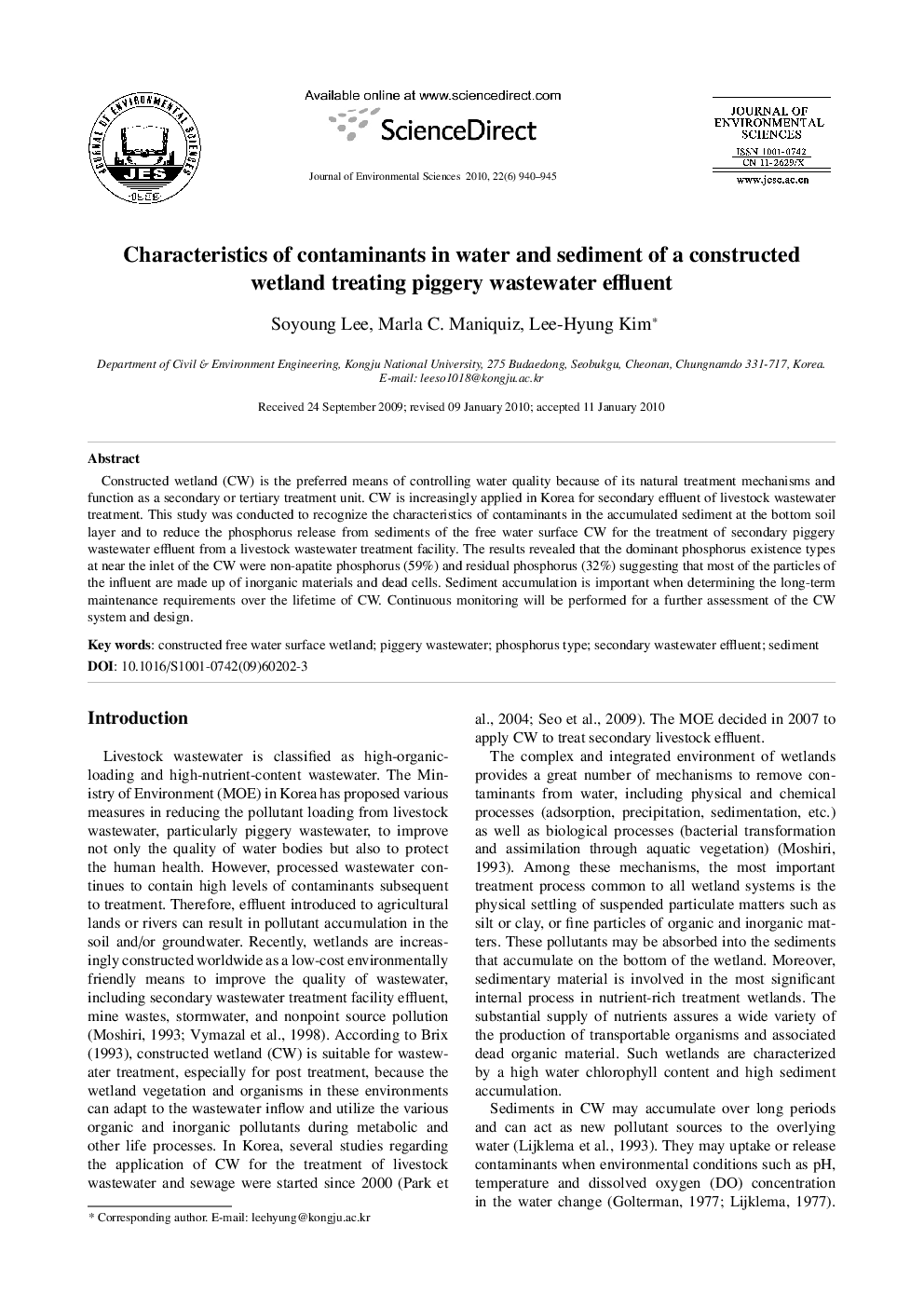 Characteristics of contaminants in water and sediment of a constructed wetland treating piggery wastewater effluent
