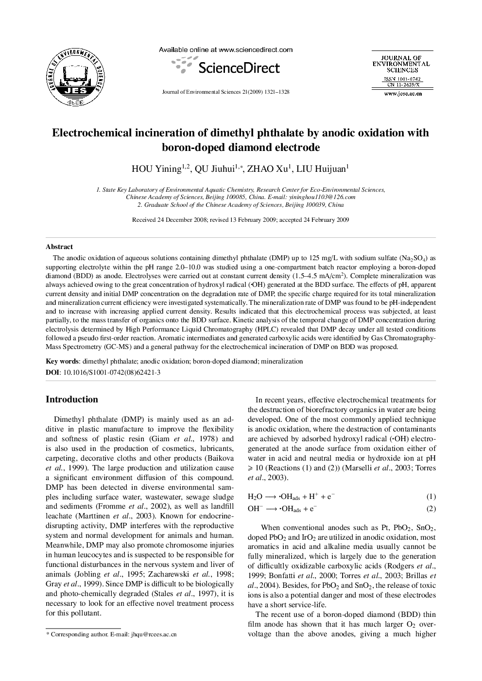 Electrochemical incineration of dimethyl phthalate by anodic oxidation with boron-doped diamond electrode