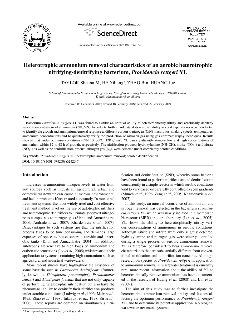 Heterotrophic ammonium removal characteristics of an aerobic heterotrophic nitrifying-denitrifying bacterium, Providencia rettgeri YL
