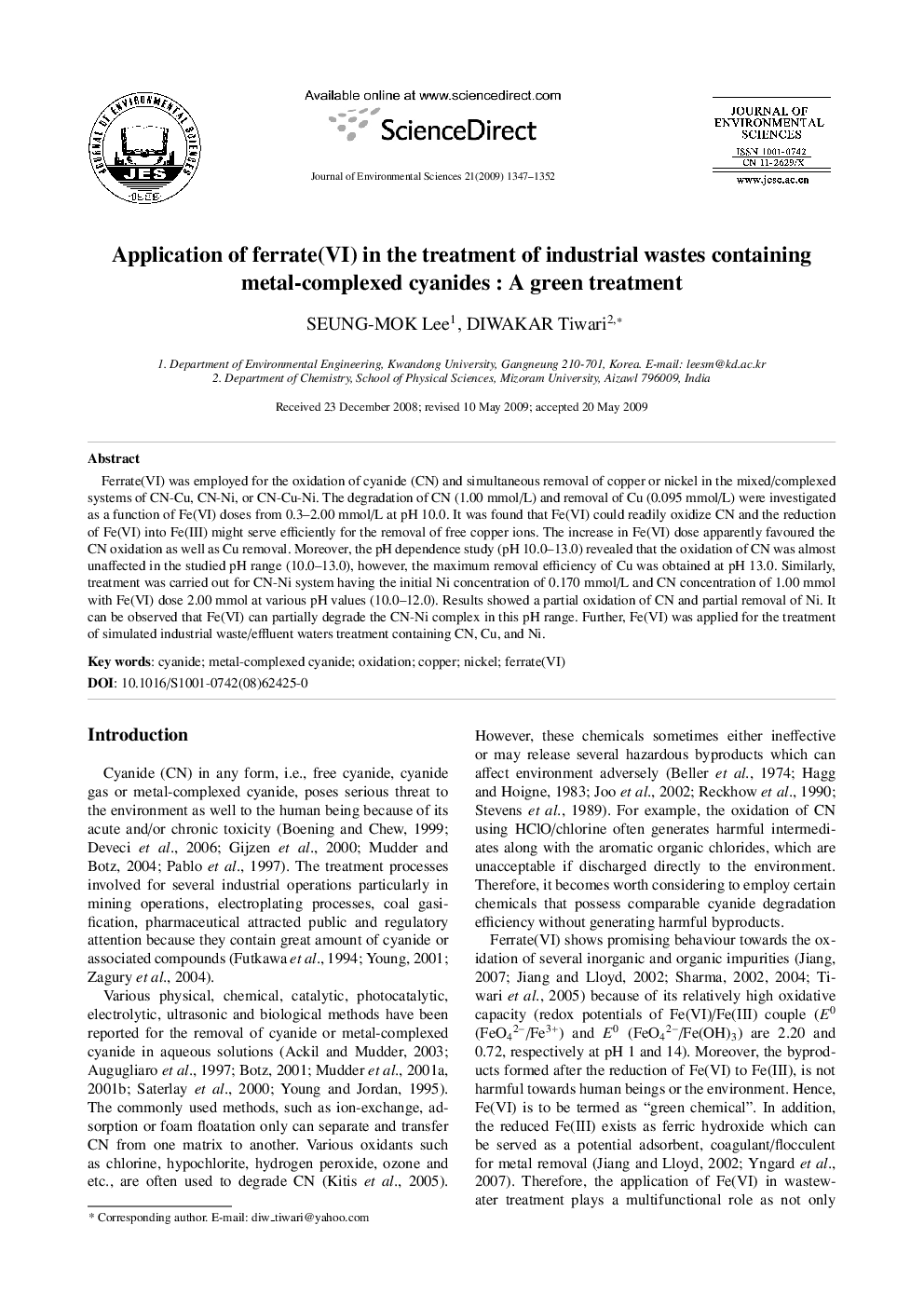 Application of ferrate(VI) in the treatment of industrial wastes containing metal-complexed cyanides: A green treatment