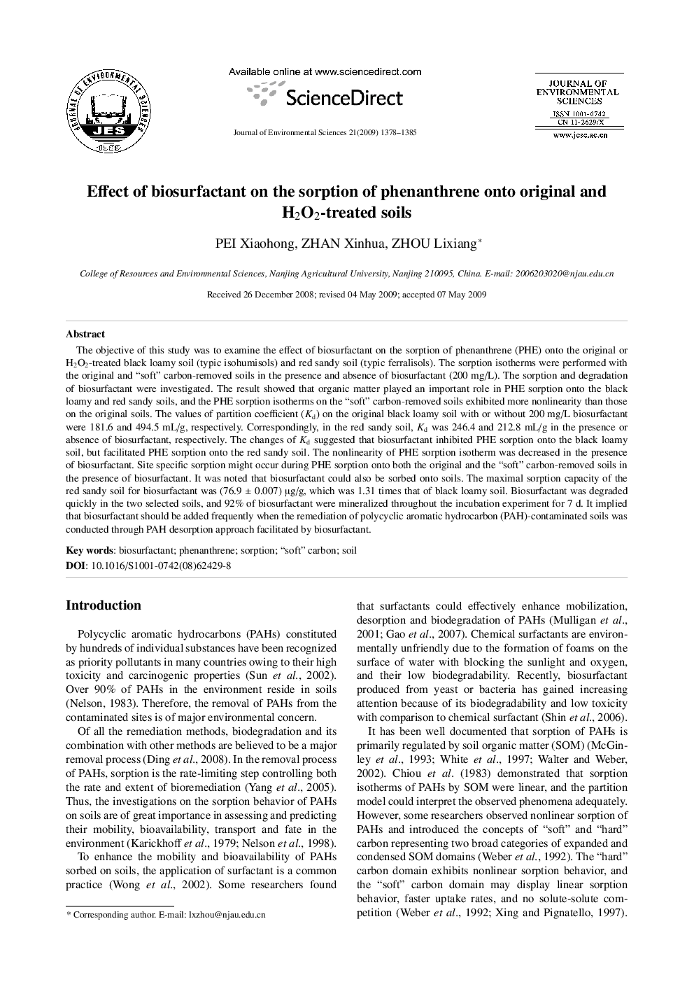 Effect of biosurfactant on the sorption of phenanthrene onto original and H2O2-treated soils