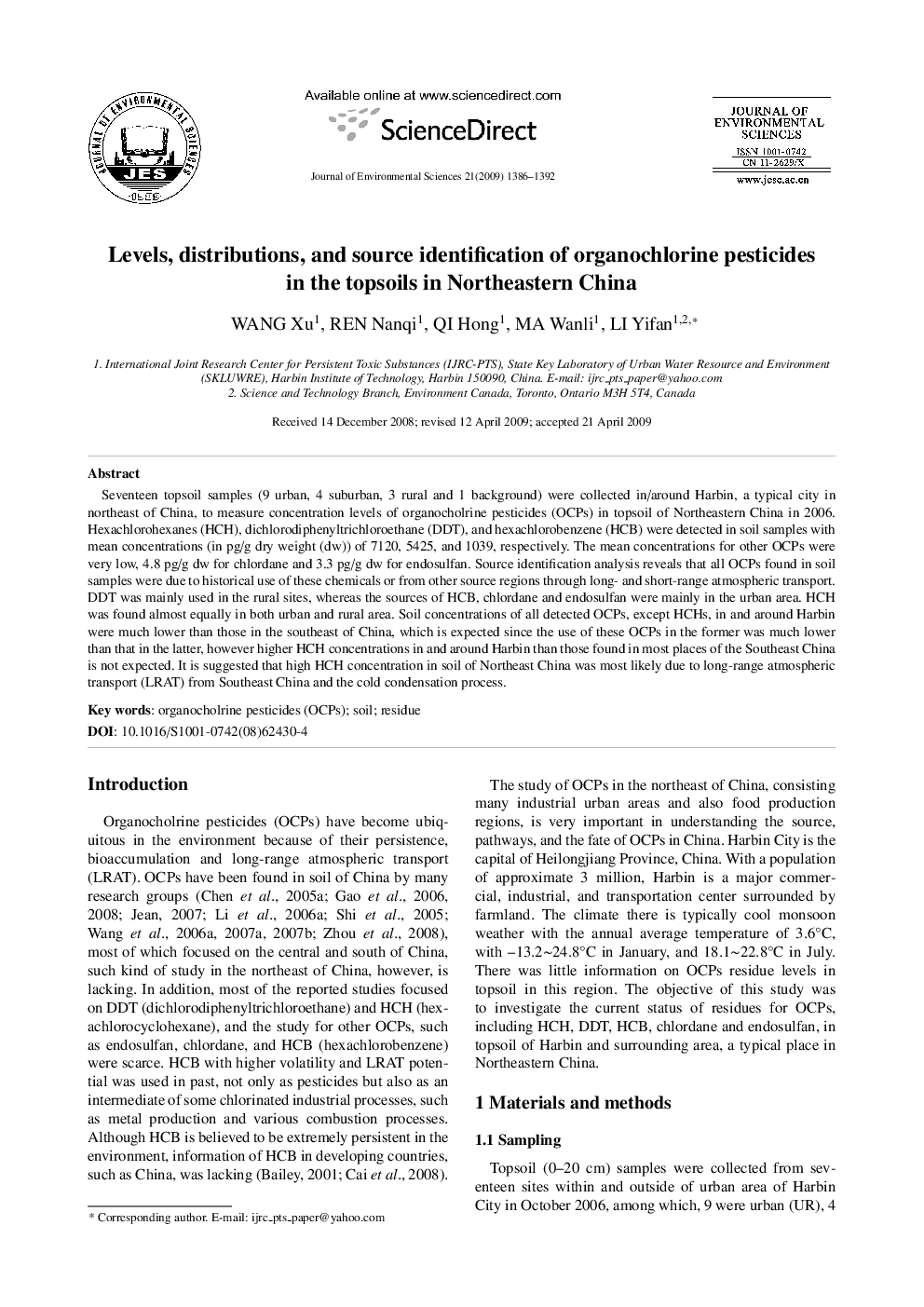 عکس صفحه اول مقاله: Levels, distributions, and source identification of organochlorine pesticides in the topsoils in Northeastern China Levels, distributions, and source identification of organochlorine pesticides in the topsoils in Northeastern China