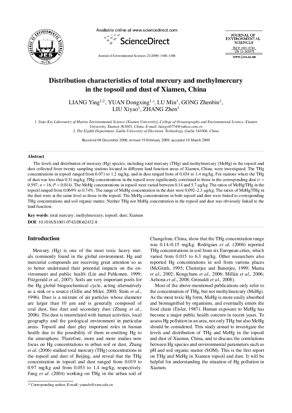 Distribution characteristics of total mercury and methylmercury in the topsoil and dust of Xiamen, China
