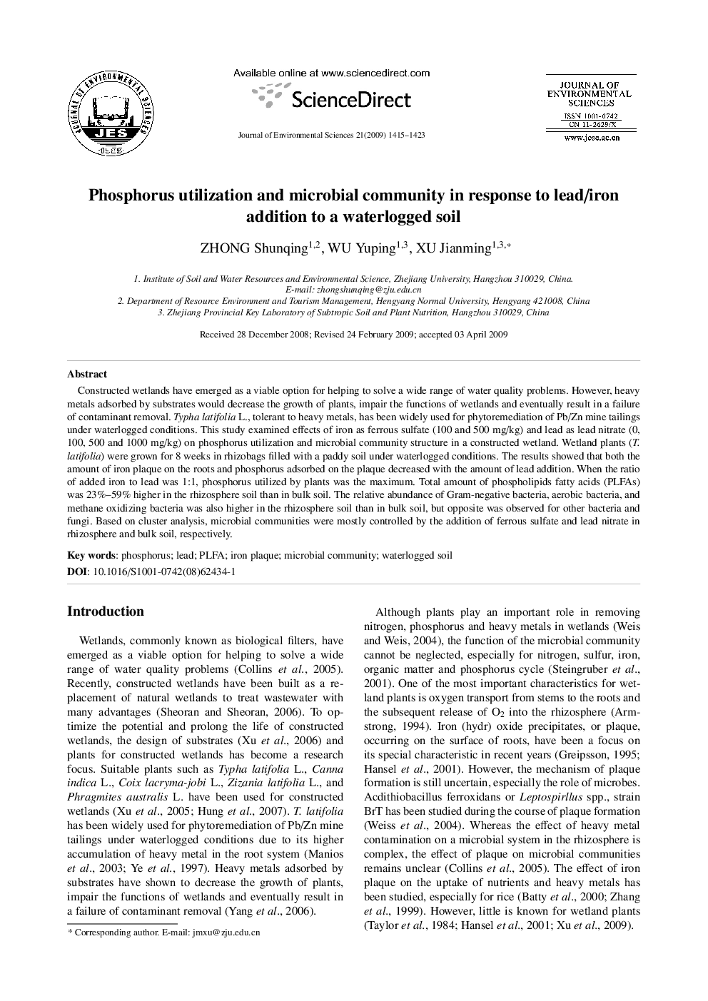 Phosphorus utilization and microbial community in response to lead/iron addition to a waterlogged soil
