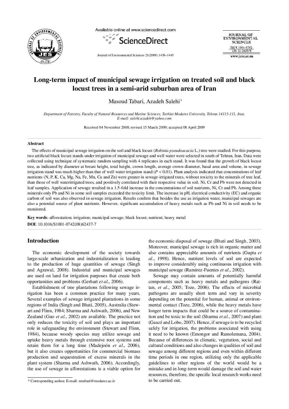 Long-term impact of municipal sewage irrigation on treated soil and black locust trees in a semi-arid suburban area of Iran