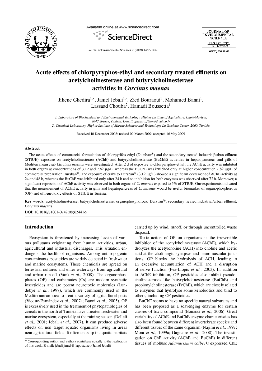 Acute effects of chlorpyryphos-ethyl and secondary treated effluents on acetylcholinesterase and butyrylcholinesterase activities in Carcinus maenas