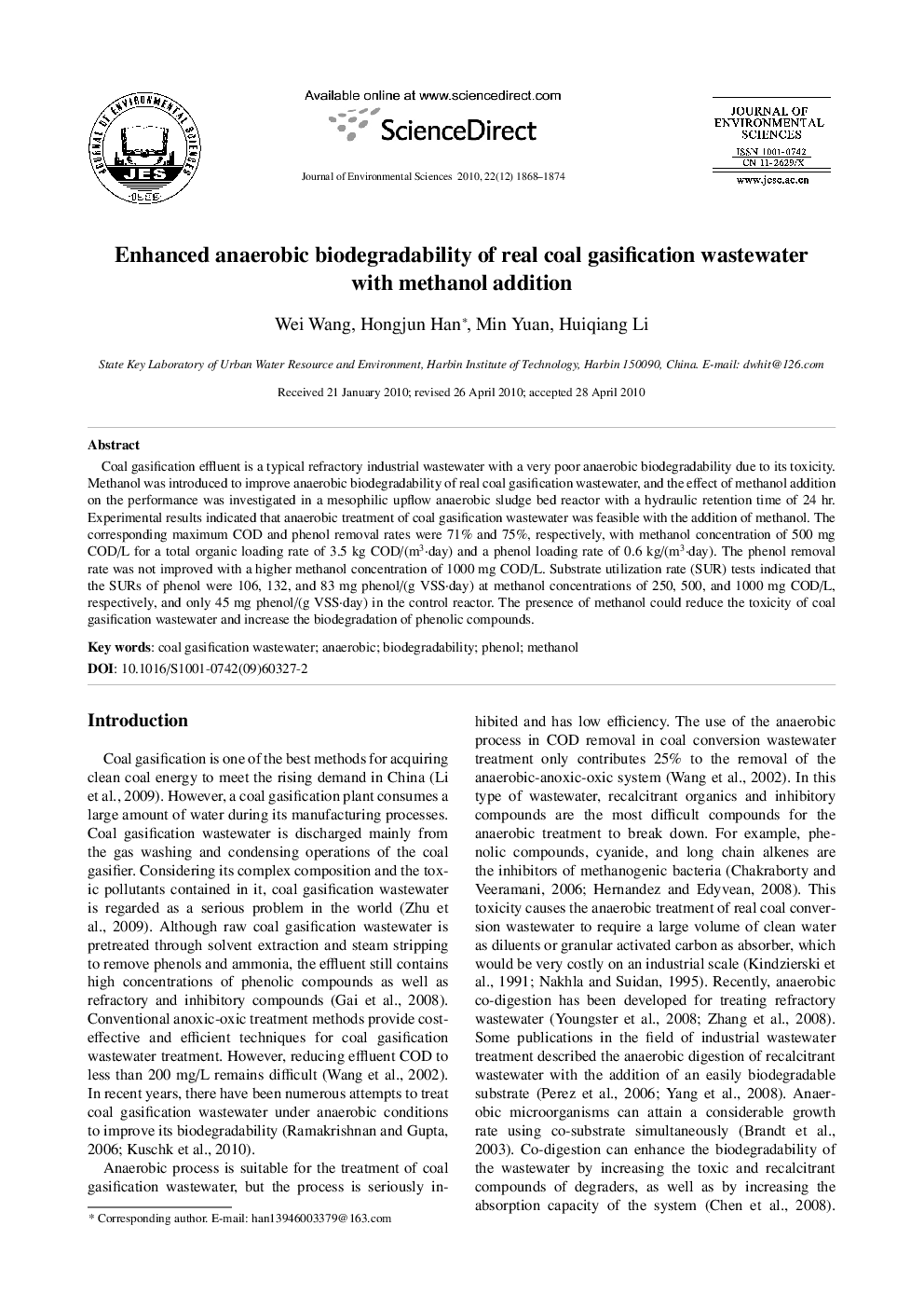 Enhanced anaerobic biodegradability of real coal gasification wastewater with methanol addition