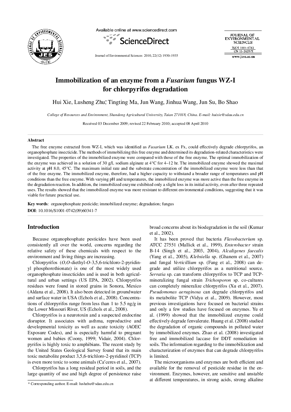 Immobilization of an enzyme from a Fusarium fungus WZ-I for chlorpyrifos degradation