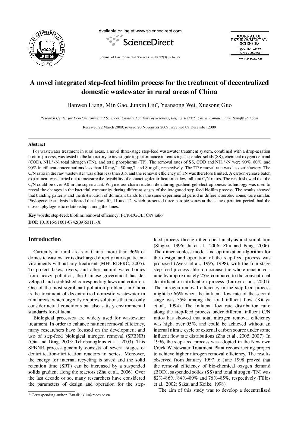 A novel integrated step-feed biofilm process for the treatment of decentralized domestic wastewater in rural areas of China