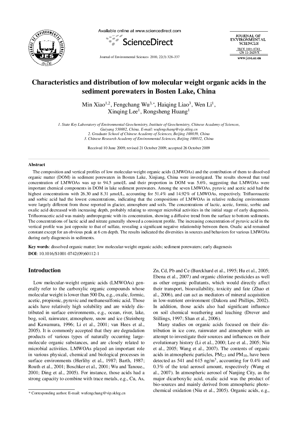 Characteristics and distribution of low molecular weight organic acids in the sediment porewaters in Bosten Lake, China