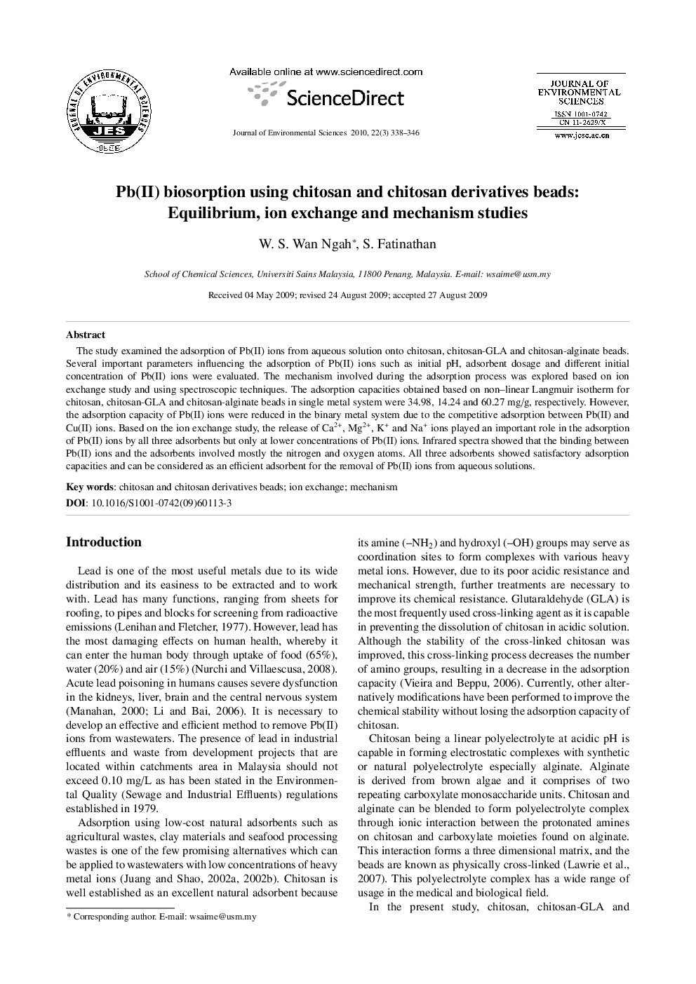 Pb(II) biosorption using chitosan and chitosan derivatives beads: Equilibrium, ion exchange and mechanism studies