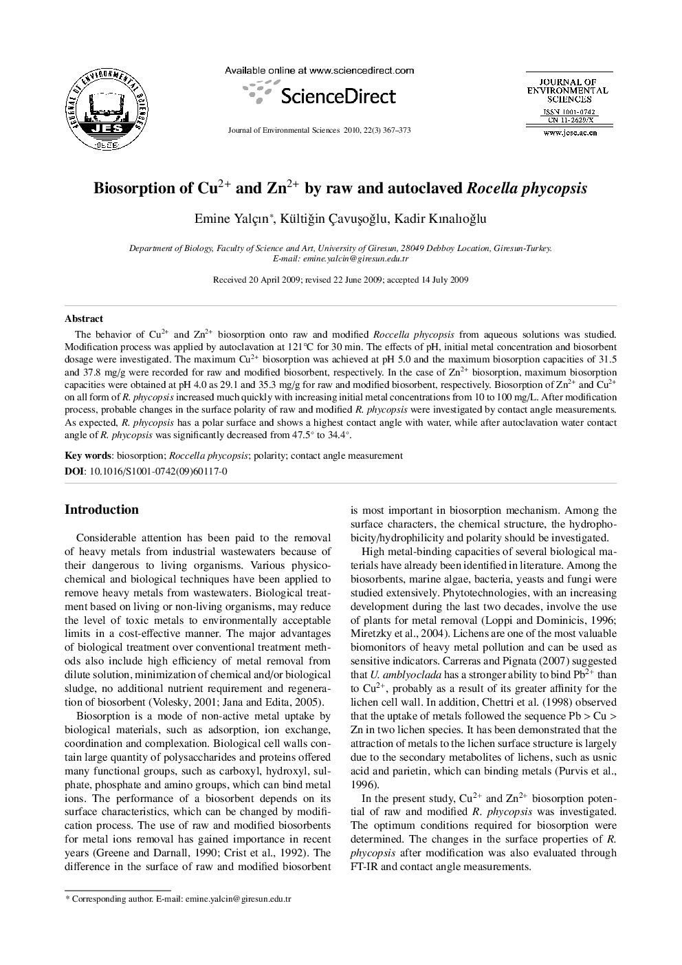 Biosorption of Cu2+ and Zn2+ by raw and autoclaved Rocella phycopsis