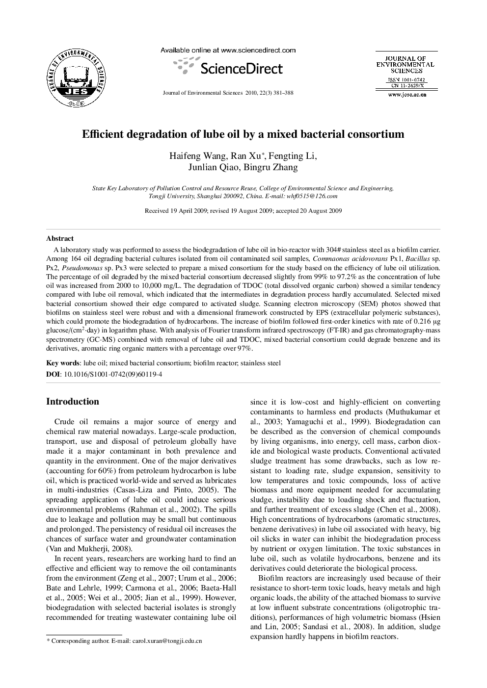 Efficient degradation of lube oil by a mixed bacterial consortium