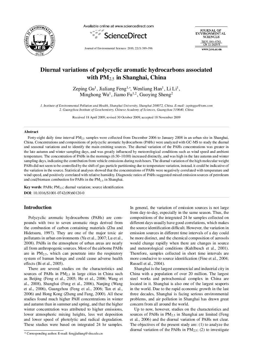 Diurnal variations of polycyclic aromatic hydrocarbons associated with PM2.5 in Shanghai, China