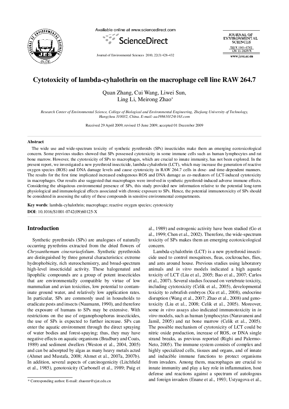 Cytotoxicity of lambda-cyhalothrin on the macrophage cell line RAW 264.7