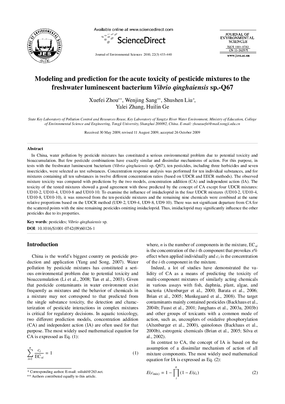 Modeling and prediction for the acute toxicity of pesticide mixtures to the freshwater luminescent bacterium Vibrio qinghaiensis sp.-Q67
