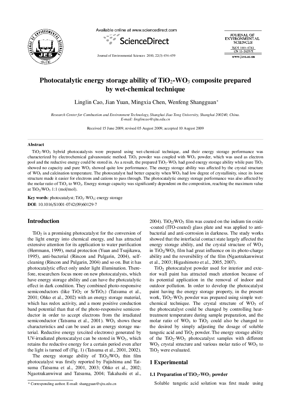 Photocatalytic energy storage ability of TiO2-WO3 composite prepared by wet-chemical technique