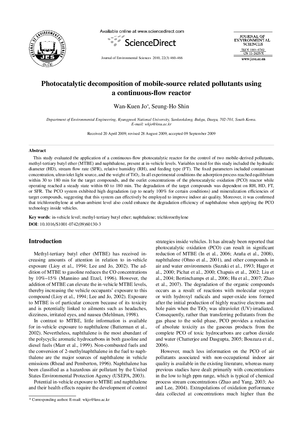 عکس صفحه اول مقاله: Photocatalytic decomposition of mobile-source related pollutants using a continuous-flow reactor Photocatalytic decomposition of mobile-source related pollutants using a continuous-flow reactor