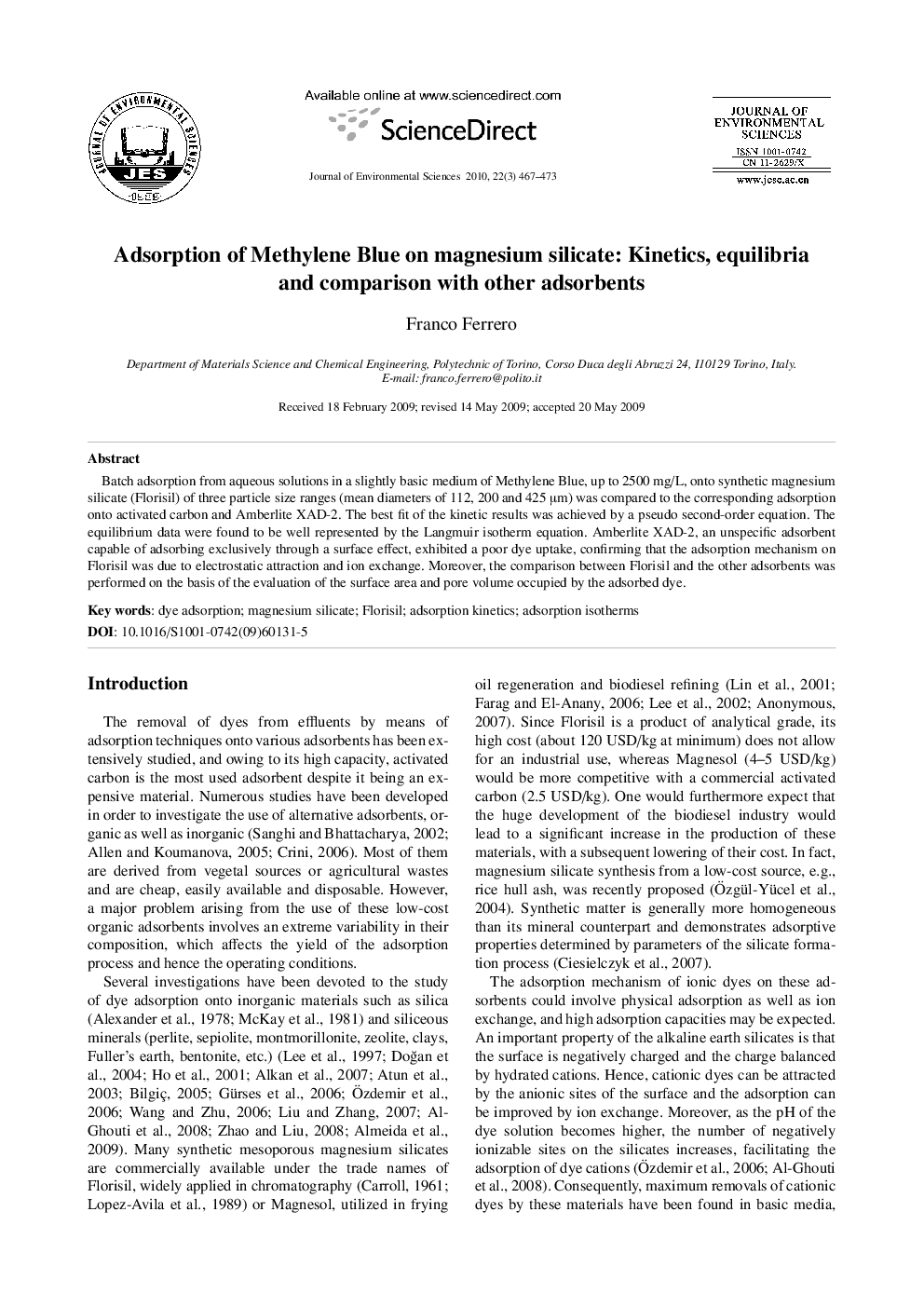 Adsorption of Methylene Blue on magnesium silicate: Kinetics, equilibria and comparison with other adsorbents