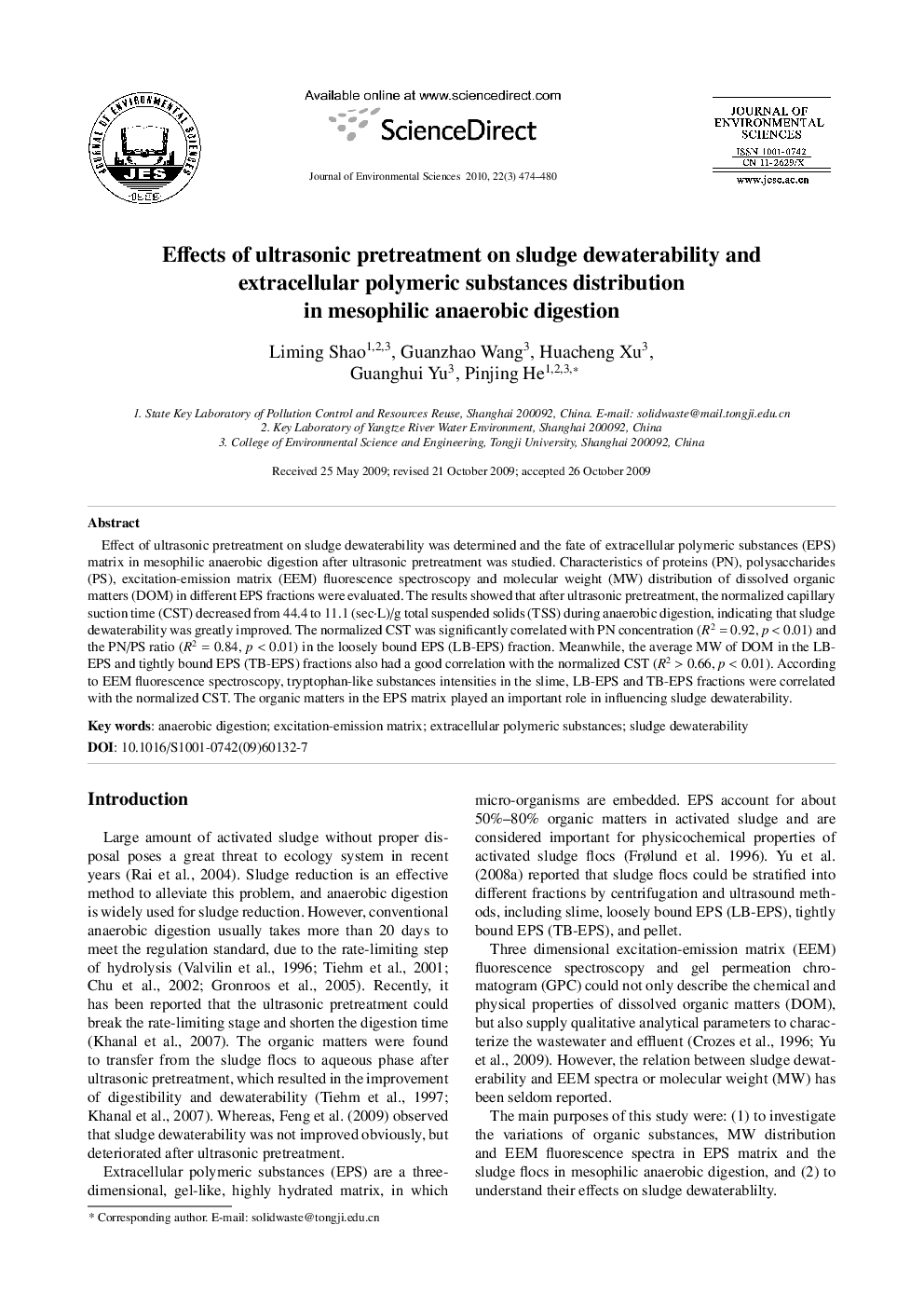 Effects of ultrasonic pretreatment on sludge dewaterability and extracellular polymeric substances distribution in mesophilic anaerobic digestion