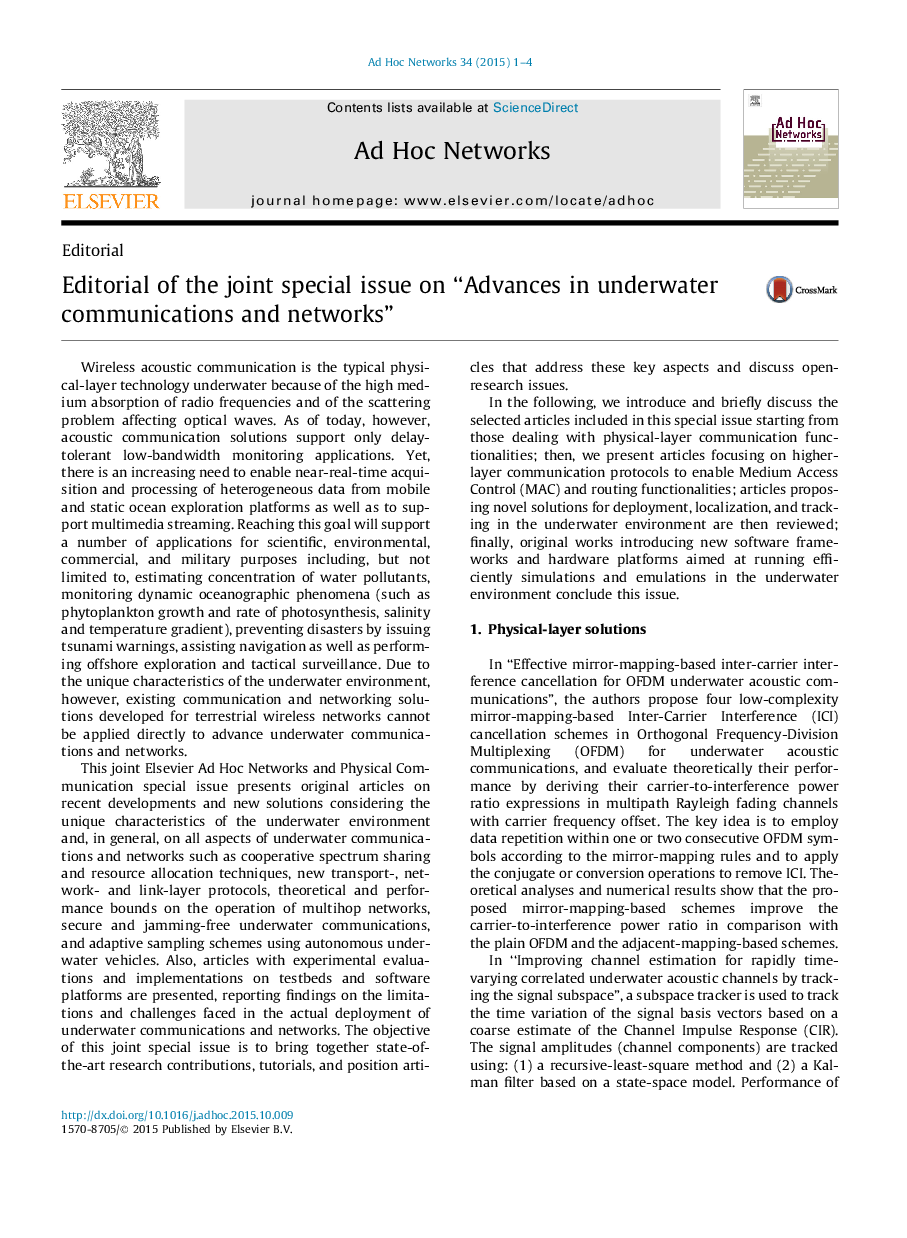 Editorial of the joint special issue on “Advances in underwater communications and networks”