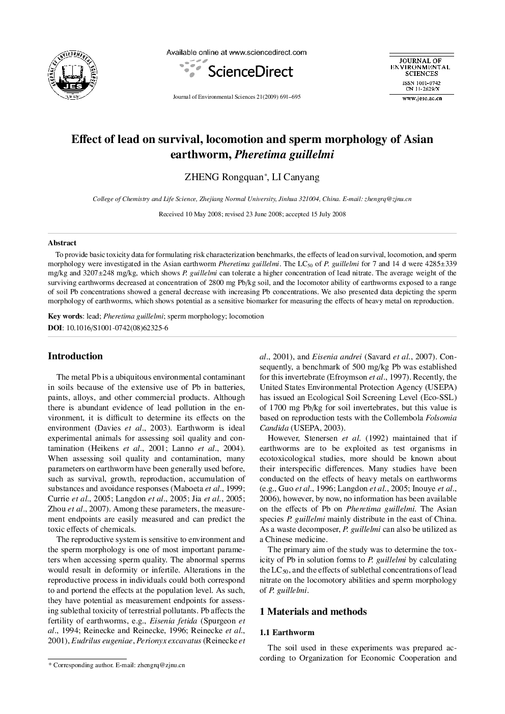 Effect of lead on survival, locomotion and sperm morphology of Asian earthworm, Pheretima guillelmi