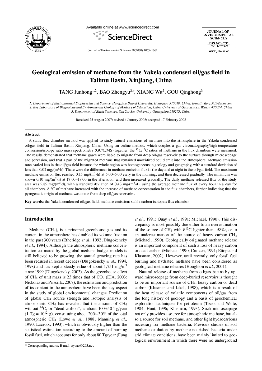 Geological emission of methane from the Yakela condensed oil/gas field in Talimu Basin, Xinjiang, China