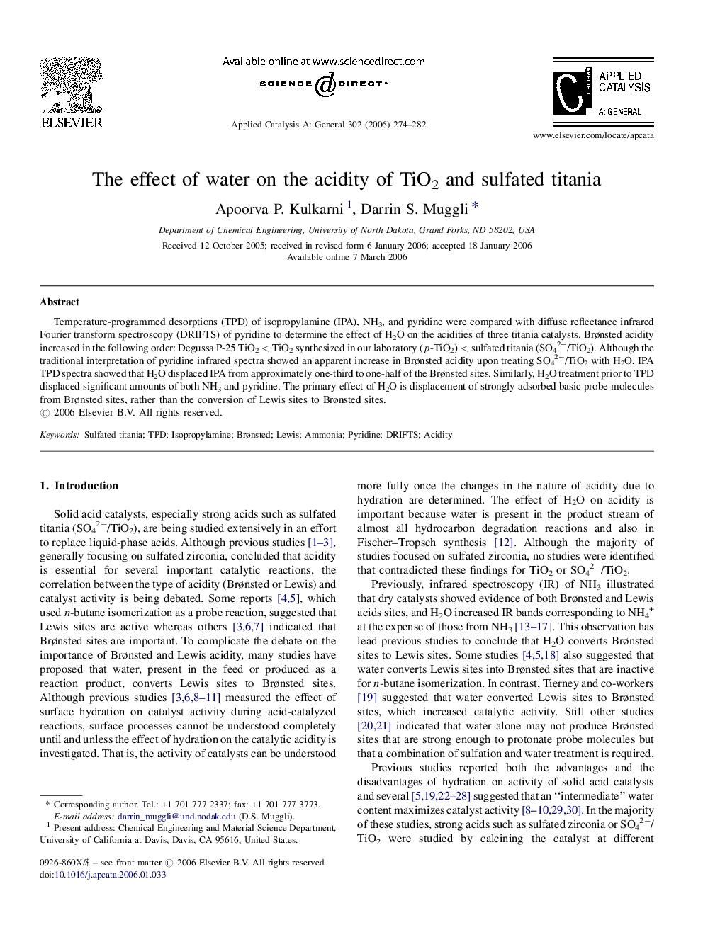 The effect of water on the acidity of TiO2 and sulfated titania