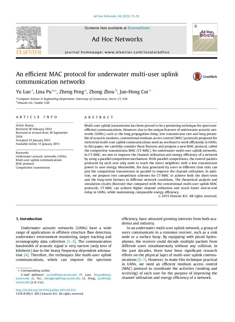 An efficient MAC protocol for underwater multi-user uplink communication networks