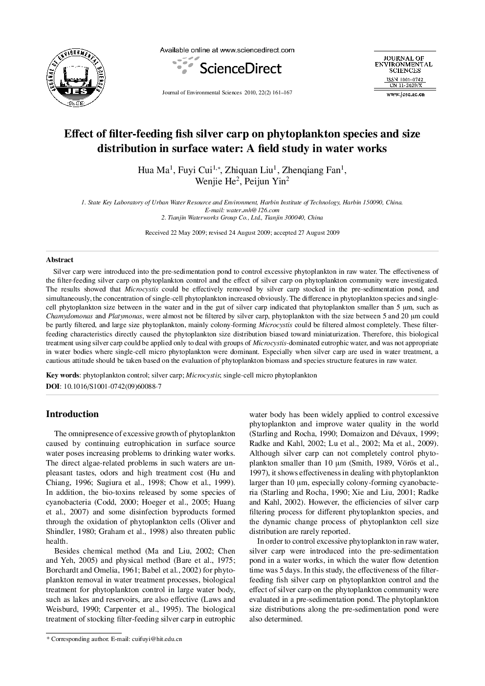 عکس صفحه اول مقاله: Effect of filter-feeding fish silver carp on phytoplankton species and size distribution in surface water: A field study in water works Effect of filter-feeding fish silver carp on phytoplankton species and size distribution in surface water: A field study in water works