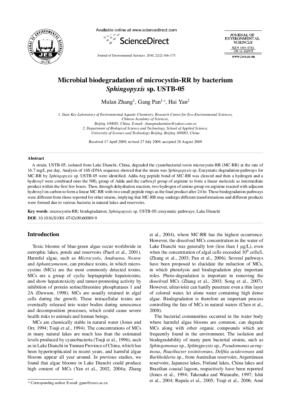 Microbial biodegradation of microcystin-RR by bacterium Sphingopyxis sp. USTB-05