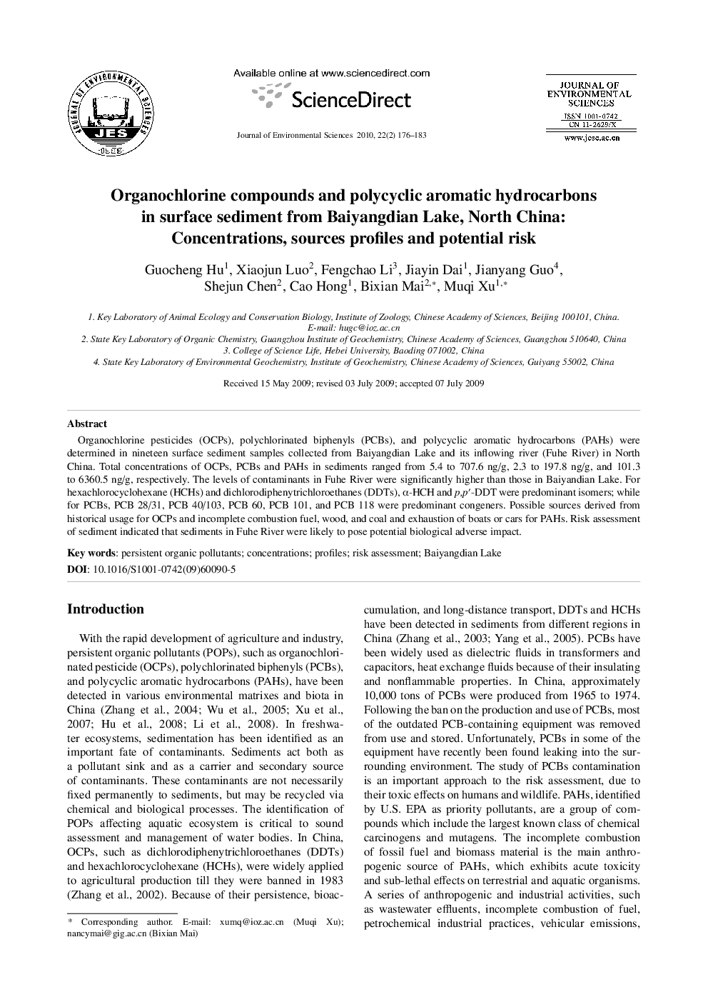 Organochlorine compounds and polycyclic aromatic hydrocarbons in surface sediment from Baiyangdian Lake, North China: Concentrations, sources profiles and potential risk