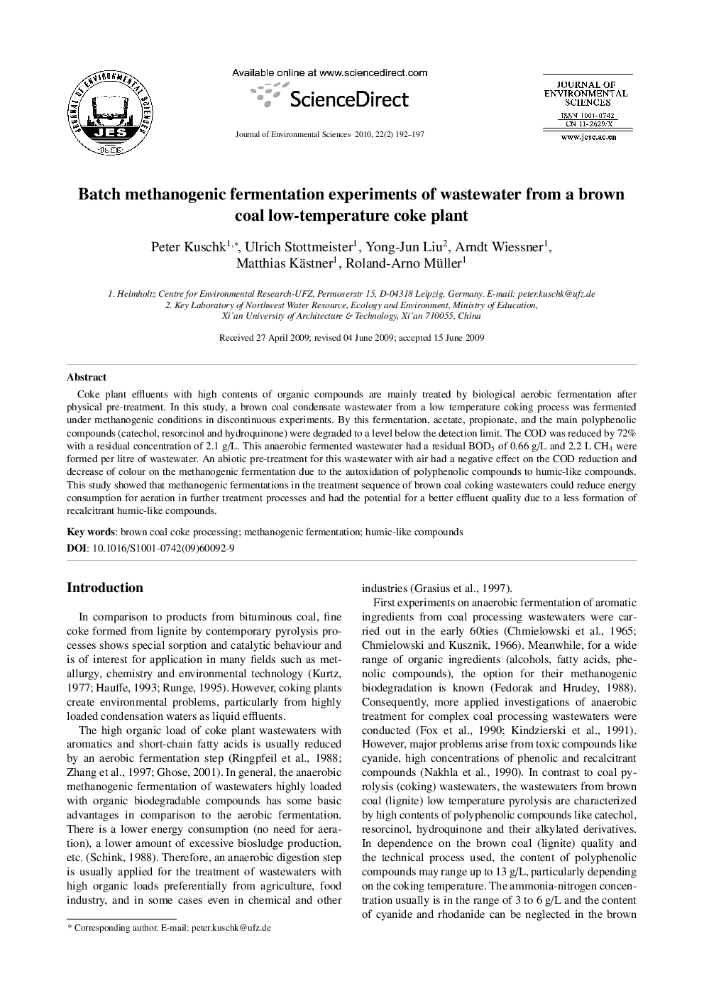 Batch methanogenic fermentation experiments of wastewater from a brown coal low-temperature coke plant