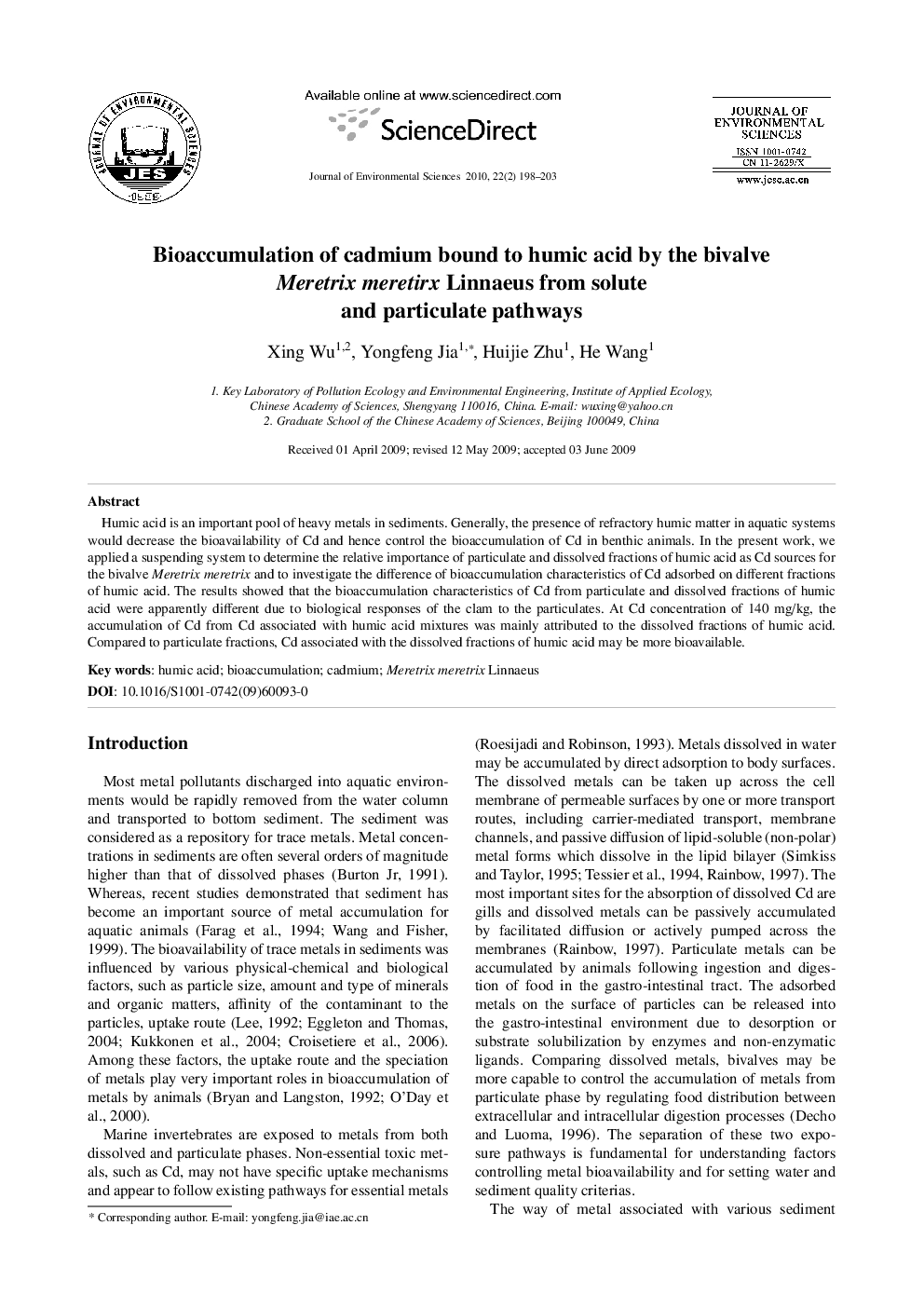 Bioaccumulation of cadmium bound to humic acid by the bivalve Meretrix meretirx Linnaeus from solute and particulate pathways