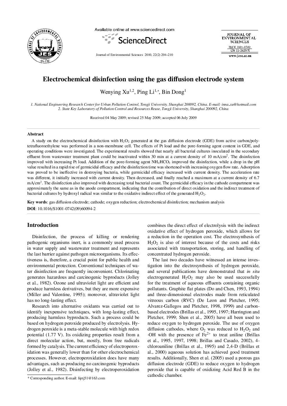 Electrochemical disinfection using the gas diffusion electrode system
