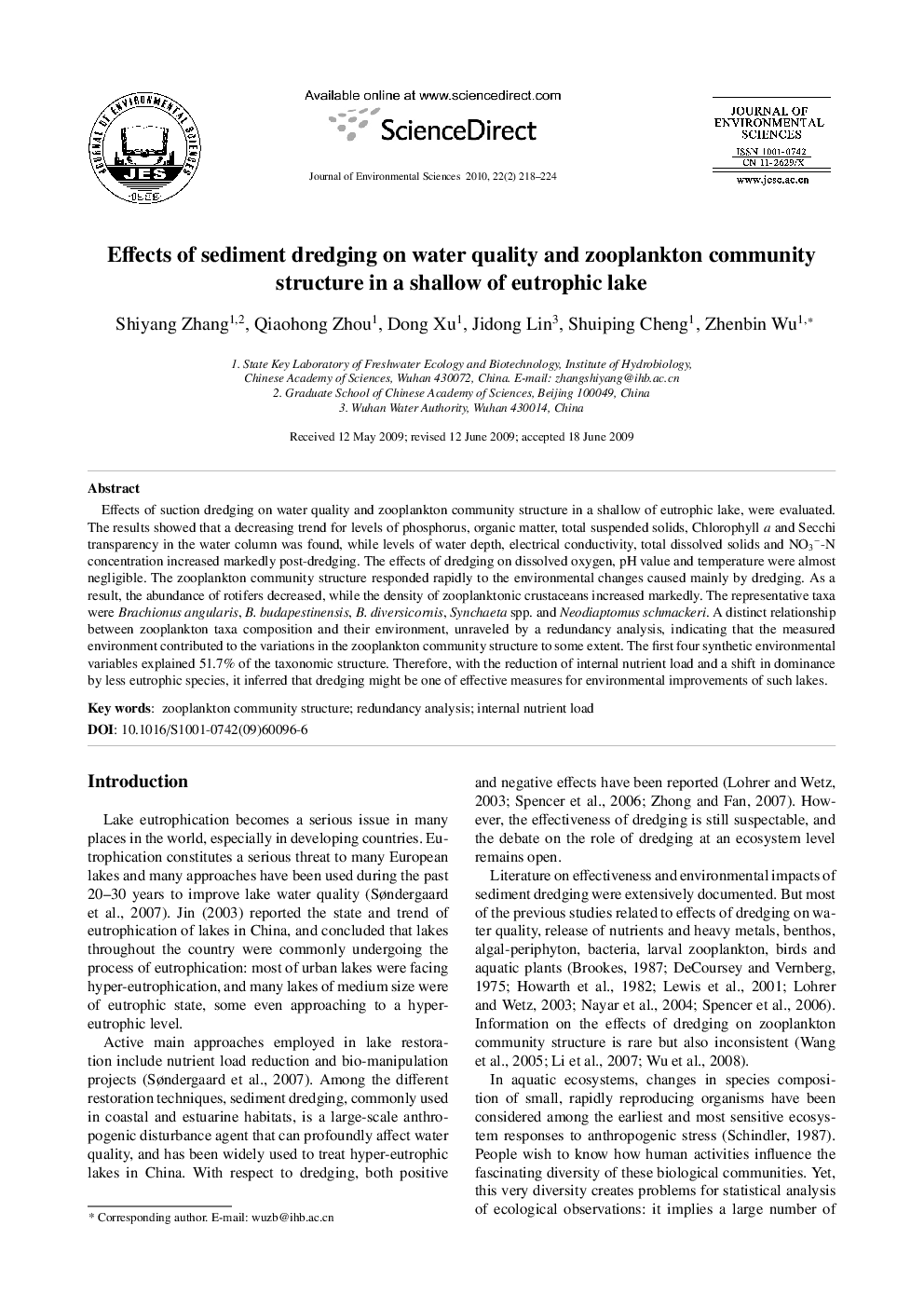 Effects of sediment dredging on water quality and zooplankton community structure in a shallow of eutrophic lake