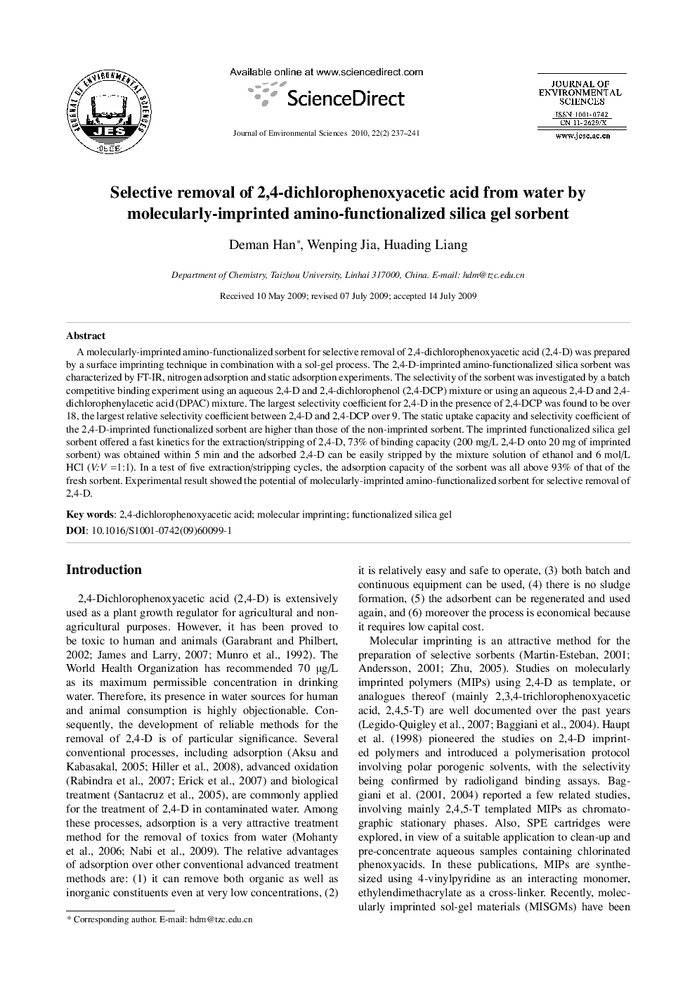 Selective removal of 2,4-dichlorophenoxyacetic acid from water by molecularly-imprinted amino-functionalized silica gel sorbent