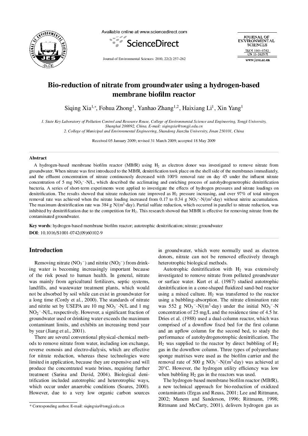 Bio-reduction of nitrate from groundwater using a hydrogen-based membrane biofilm reactor