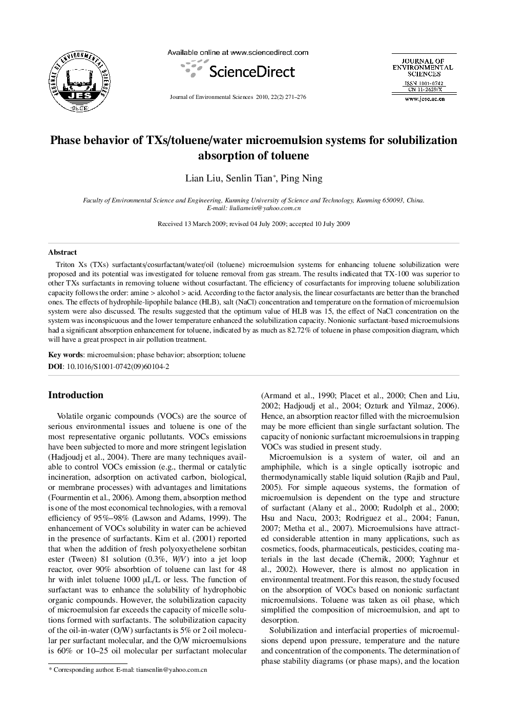 Phase behavior of TXs/toluene/water microemulsion systems for solubilization absorption of toluene