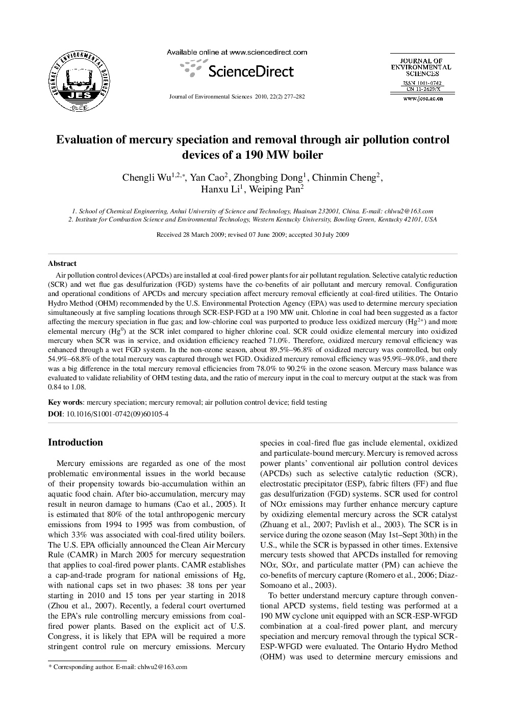 Evaluation of mercury speciation and removal through air pollution control devices of a 190 MW boiler