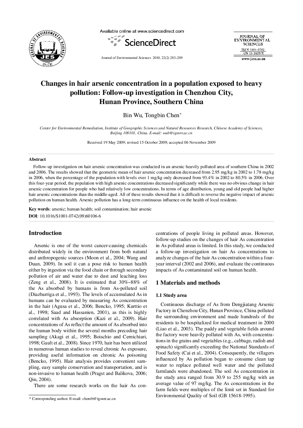 Changes in hair arsenic concentration in a population exposed to heavy pollution: Follow-up investigation in Chenzhou City, Hunan Province, Southern China