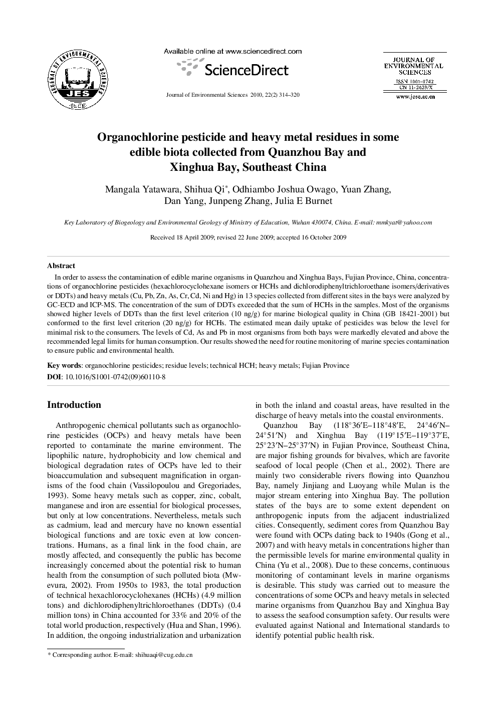 Organochlorine pesticide and heavy metal residues in some edible biota collected from Quanzhou Bay and Xinghua Bay, Southeast China