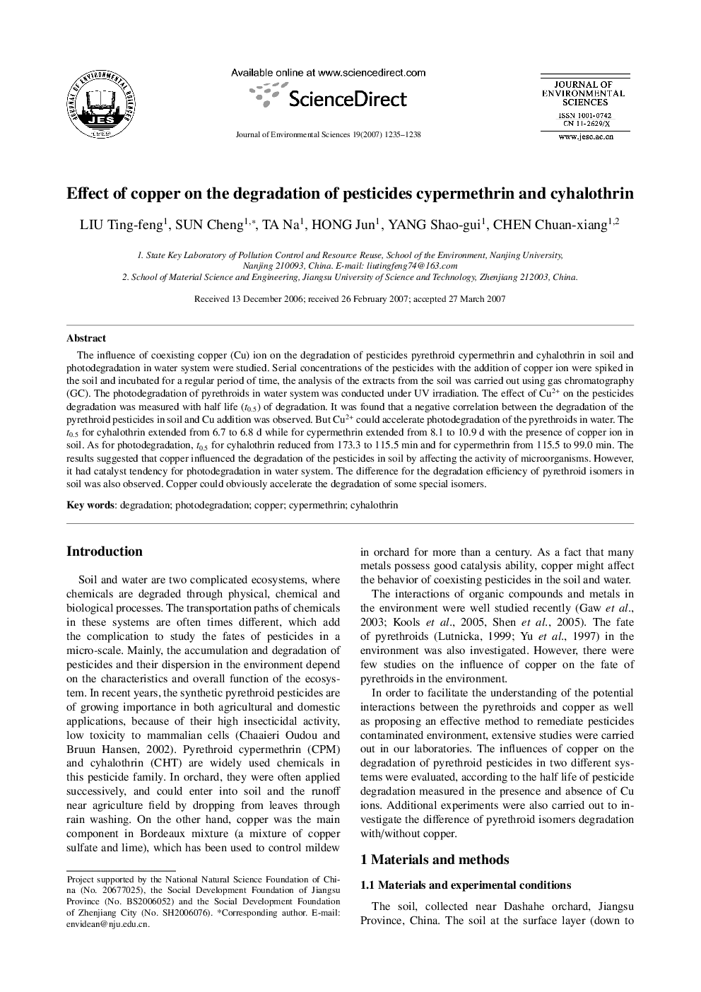 Effect of copper on the degradation of pesticides cypermethrin and cyhalothrin 