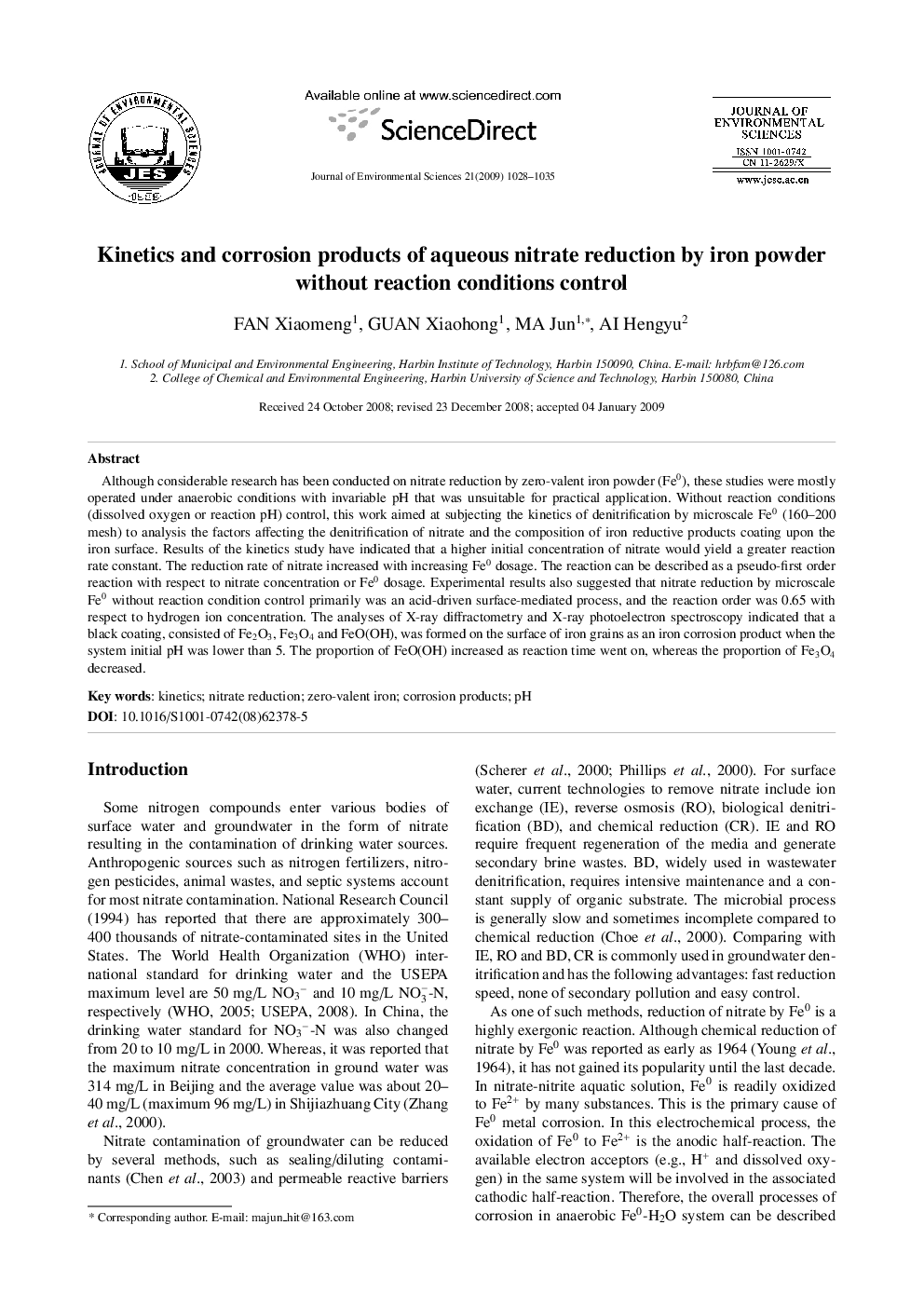 Kinetics and corrosion products of aqueous nitrate reduction by iron powder without reaction conditions control