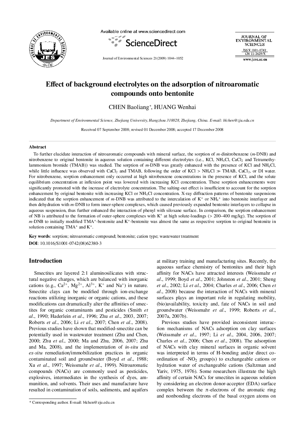 Effect of background electrolytes on the adsorption of nitroaromatic compounds onto bentonite